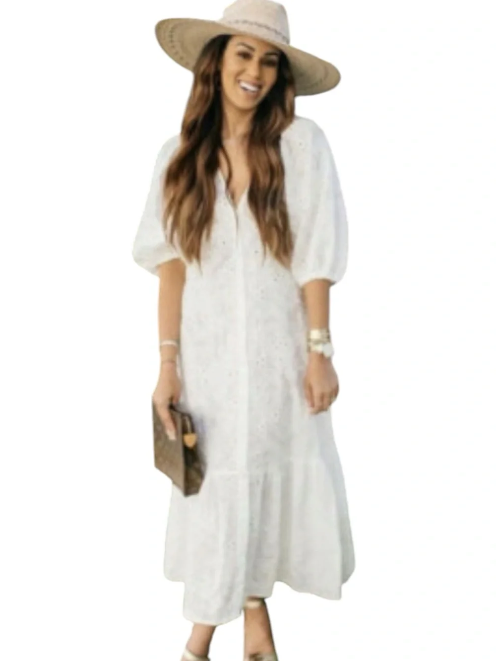 ZARA White Textured Balloon Puff Sleeve Button Down Midi Dress Large